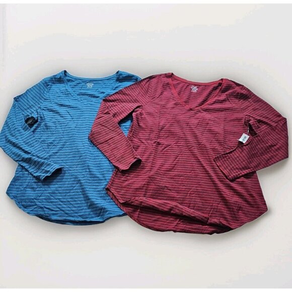 Old Navy Womens Top XL Lot of 2 Mult Stripes LS Round Neck Cottage Everywear - Picture 1 of 16